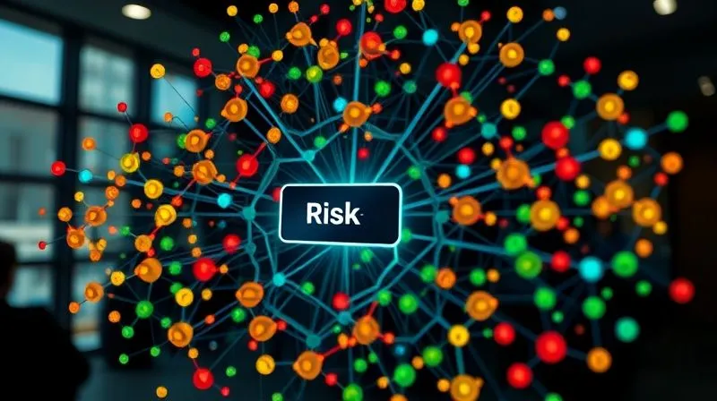 A photorealistic image of a complex risk matrix glowing with different colored nodes, representing various types of business risks (reputational, legal, financial, human rights), with a spotlight on a 'severe violation' node, cinematic lighting, sharp focus on the matrix, depth of field blurring a corporate office background, 8K hyper-detailed. This image should evoke a sense of critical decision-making and immediate threat assessment.