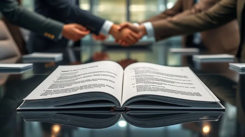 A photorealistic, highly detailed image of an open, professional-looking 'Supplier Code of Conduct' booklet lying on a polished conference table. The text on the pages is legible, showing sections on 'Ethical Labor Practices' and 'Human Rights'. Cinematic lighting highlights the crisp pages and the serious tone of the document, with a blurred backdrop of diverse hands shaking in agreement, symbolizing partnership. 8K hyper-detailed, sharp focus on the document.