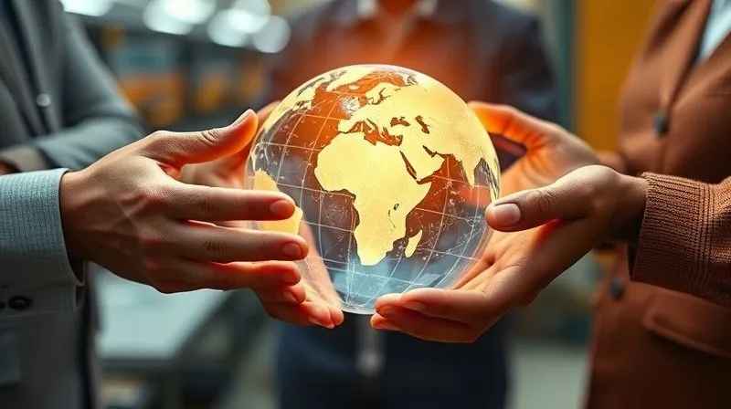 A photorealistic image of diverse hands from different backgrounds, including a corporate professional, a factory worker, and a community leader, gently holding a glowing, transparent globe. The globe subtly shows interconnected supply chain lines. The image conveys themes of shared responsibility, collaboration, and global transparency in ethical sourcing. Cinematic lighting, sharp focus on the hands and globe, depth of field blurring a subtly diverse background, 8K hyper-detailed.