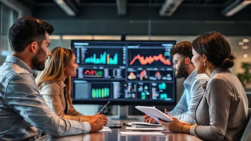 A photorealistic image of a diverse group of professionals collaborating around a large monitor displaying data visualizations, with one person thoughtfully taking notes. The scene is set in a modern, well-lit office, professional photography, 8K, cinematic lighting, sharp focus on the monitor and note-taker, depth of field blurring the background, shot on a high-end DSLR. A photorealistic image of a diverse group of professionals collaborating around a large monitor displaying data visualizations, with one person thoughtfully taking notes. The scene is set in a modern, well-lit office, professional photography, 8K, cinematic lighting, sharp focus on the monitor and note-taker, depth of field blurring the background, shot on a high-end DSLR.