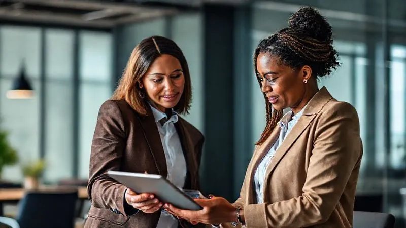 A photorealistic image of two diverse professionals, one a coach and one a mentee, engaged in a focused discussion in a modern office setting. They are looking at a tablet displaying a progress chart, with a sense of understanding and collaboration. Professional photography, 8K, cinematic lighting, sharp focus on their faces and the tablet, depth of field blurring the background, shot on a high-end DSLR. A photorealistic image of two diverse professionals, one a coach and one a mentee, engaged in a focused discussion in a modern office setting. They are looking at a tablet displaying a progress chart, with a sense of understanding and collaboration. Professional photography, 8K, cinematic lighting, sharp focus on their faces and the tablet, depth of field blurring the background, shot on a high-end DSLR.