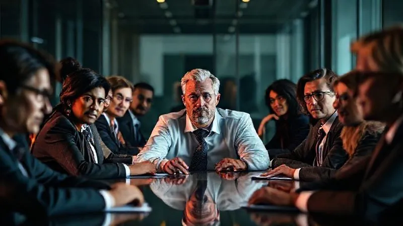 A photorealistic, professional photography image of a diverse group of business leaders in a modern boardroom, one person at the head of the table looking thoughtful and determined, contemplating a difficult decision. The atmosphere is serious but focused, with cinematic lighting emphasizing their expressions. 8K hyper-detailed, sharp focus on the central figure, depth of field blurring the background, shot on a high-end DSLR. A photorealistic, professional photography image of a diverse group of business leaders in a modern boardroom, one person at the head of the table looking thoughtful and determined, contemplating a difficult decision. The atmosphere is serious but focused, with cinematic lighting emphasizing their expressions. 8K hyper-detailed, sharp focus on the central figure, depth of field blurring the background, shot on a high-end DSLR.