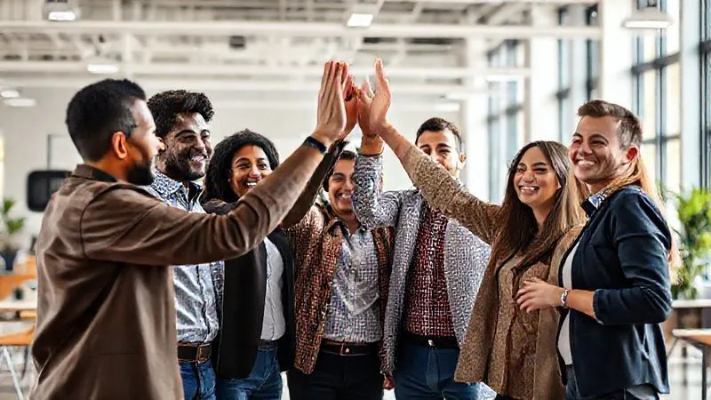 A photorealistic, professional photography shot of a diverse team of professionals smiling and high-fiving in a modern, open-plan office, celebrating a successful project. The lighting is bright and inviting, conveying a sense of unity and achievement. 8K hyper-detailed, cinematic lighting, sharp focus on the team, depth of field blurring the background, shot on a high-end DSLR. A photorealistic, professional photography shot of a diverse team of professionals smiling and high-fiving in a modern, open-plan office, celebrating a successful project. The lighting is bright and inviting, conveying a sense of unity and achievement. 8K hyper-detailed, cinematic lighting, sharp focus on the team, depth of field blurring the background, shot on a high-end DSLR.