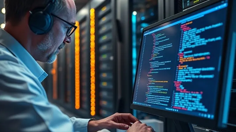 A photorealistic image of a digital forensics expert meticulously examining a computer screen displaying complex code and data logs, with glowing lines of data connecting to a secured server rack in the background. Professional photography, 8K, cinematic lighting, sharp focus on the screen, depth of field blurring the background, shot on a high-end DSLR.