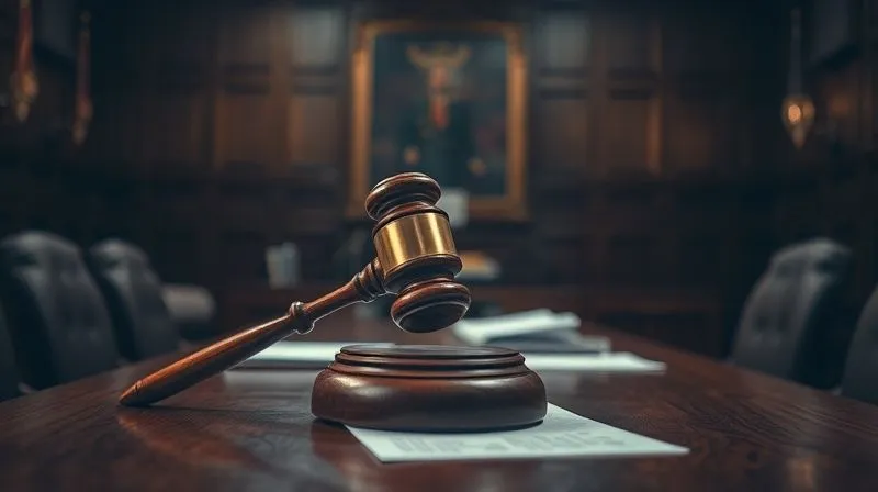 A photorealistic image of a traditional wooden gavel striking a sound block on a judge's bench in a dimly lit, serious courtroom setting, with legal documents scattered around. Professional photography, 8K, cinematic lighting, sharp focus on the gavel, depth of field blurring the courtroom background, shot on a high-end DSLR.