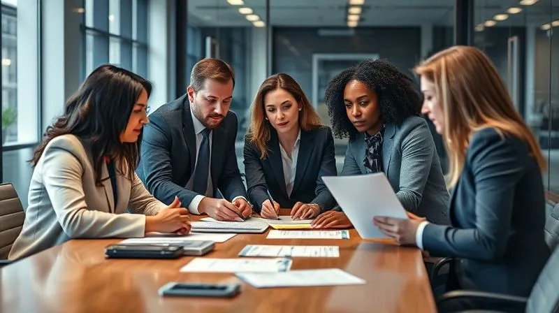 A photorealistic image of a diverse team of legal professionals, cybersecurity experts, and business leaders collaborating intensely around a conference table, reviewing documents and digital screens. Professional photography, 8K, cinematic lighting, sharp focus on the team's faces, depth of field blurring the modern office background, shot on a high-end DSLR.