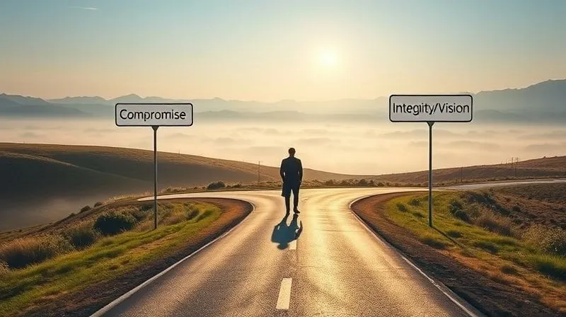 A photorealistic image of a fork in a winding road, with one path clearly labeled 'Compromise' and the other 'Integrity/Vision'. A lone, determined figure stands at the crossroads, contemplating the choice. The setting is a beautiful, slightly misty landscape at dawn, symbolizing new beginnings and difficult decisions. Cinematic lighting, sharp focus on the figure and path, depth of field blurring the distant horizon, 8K hyper-detailed, emotionally resonant. A photorealistic image of a fork in a winding road, with one path clearly labeled 'Compromise' and the other 'Integrity/Vision'. A lone, determined figure stands at the crossroads, contemplating the choice. The setting is a beautiful, slightly misty landscape at dawn, symbolizing new beginnings and difficult decisions. Cinematic lighting, sharp focus on the figure and path, depth of field blurring the distant horizon, 8K hyper-detailed, emotionally resonant.