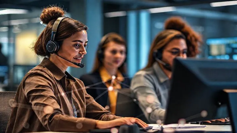 Photorealistic, professional photography, 8K, cinematic lighting, sharp focus, depth of field, shot on a high-end DSLR. A diverse team of customer service agents wearing headsets, working in a modern, collaborative office space. One agent is actively engaging with a customer on a call, while another is reviewing data on a dual monitor. A subtle, glowing network of lines connects the agents, symbolizing seamless information transfer and collaboration, with a focus on human interaction. Photorealistic, professional photography, 8K, cinematic lighting, sharp focus, depth of field, shot on a high-end DSLR. A diverse team of customer service agents wearing headsets, working in a modern, collaborative office space. One agent is actively engaging with a customer on a call, while another is reviewing data on a dual monitor. A subtle, glowing network of lines connects the agents, symbolizing seamless information transfer and collaboration, with a focus on human interaction.