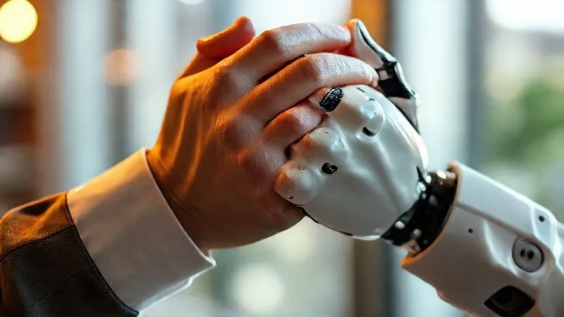 Photorealistic, professional photography, 8K, cinematic lighting, sharp focus, depth of field, shot on a high-end DSLR. A warm, inviting close-up of two hands gently clasped together, one hand belonging to a human and the other a subtle, stylized robotic hand. Soft, warm light illuminates the connection, symbolizing empathy and a gentle, supportive human-robot interaction in customer service. The background is softly blurred to emphasize the hands. Photorealistic, professional photography, 8K, cinematic lighting, sharp focus, depth of field, shot on a high-end DSLR. A warm, inviting close-up of two hands gently clasped together, one hand belonging to a human and the other a subtle, stylized robotic hand. Soft, warm light illuminates the connection, symbolizing empathy and a gentle, supportive human-robot interaction in customer service. The background is softly blurred to emphasize the hands.