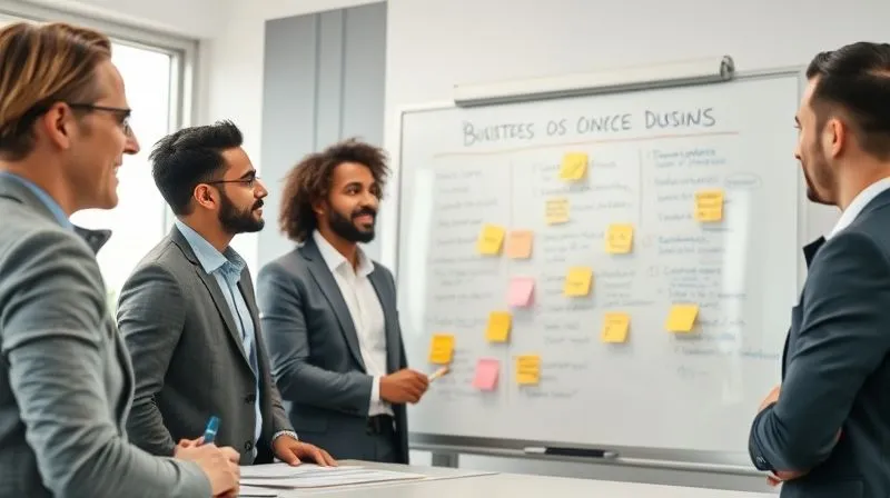 A photorealistic image of a diverse team of business professionals in a modern, brightly lit meeting room, intensely focused on a whiteboard filled with strategic business questions and hypotheses, using sticky notes and markers. Professional photography, 8K, cinematic lighting, sharp focus on the whiteboard and team members' engaged expressions, depth of field blurring the background, shot on a high-end DSLR, conveying collaboration and strategic thinking.
