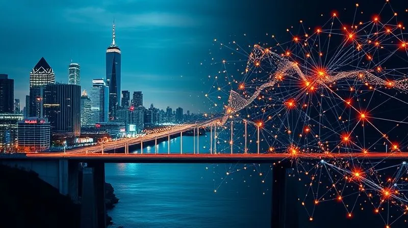 A photorealistic image depicting a bridge connecting two different landscapes: one side is a vibrant, bustling cityscape representing business, and the other is a complex, abstract network of glowing data points and algorithms representing data science. The bridge is well-lit and clearly defined, symbolizing effective communication. Professional photography, 8K, cinematic lighting, sharp focus on the bridge, depth of field blurring the backgrounds, shot on a high-end DSLR, conveying connection and understanding.