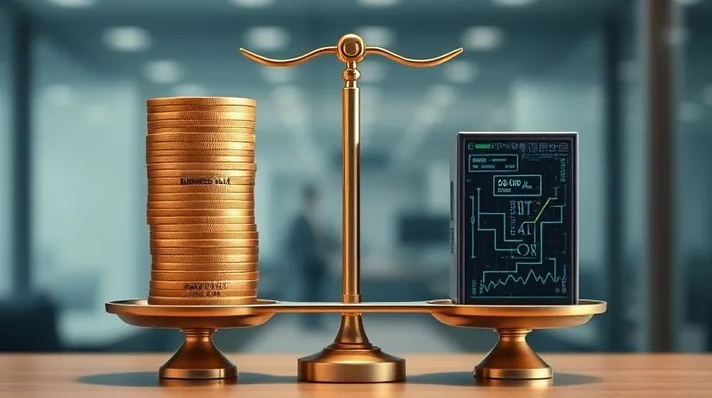 A photorealistic image of a balanced scale, with one side heavily weighted down by a stack of gold coins labeled 'Business Value' and the other side much lighter, holding data servers and complex analytical graphs labeled 'Big Data Investment'. Cinematic lighting, sharp focus on the scale and weights, depth of field blurring a corporate office background, 8K hyper-detailed, shot on a high-end DSLR, metaphorically representing successful ROI.