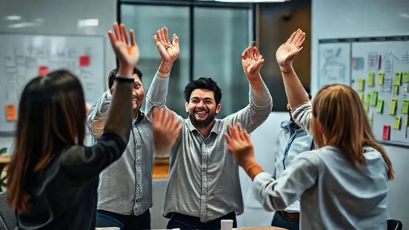A photorealistic image of a team celebrating a small victory in an office setting, hands raised in triumph, surrounded by sticky notes and whiteboards illustrating incremental progress. Cinematic lighting, sharp focus on the happy faces, depth of field blurring the background, 8K hyper-detailed, shot on a high-end DSLR. Professional photography, conveying success and teamwork. A photorealistic image of a team celebrating a small victory in an office setting, hands raised in triumph, surrounded by sticky notes and whiteboards illustrating incremental progress. Cinematic lighting, sharp focus on the happy faces, depth of field blurring the background, 8K hyper-detailed, shot on a high-end DSLR. Professional photography, conveying success and teamwork.