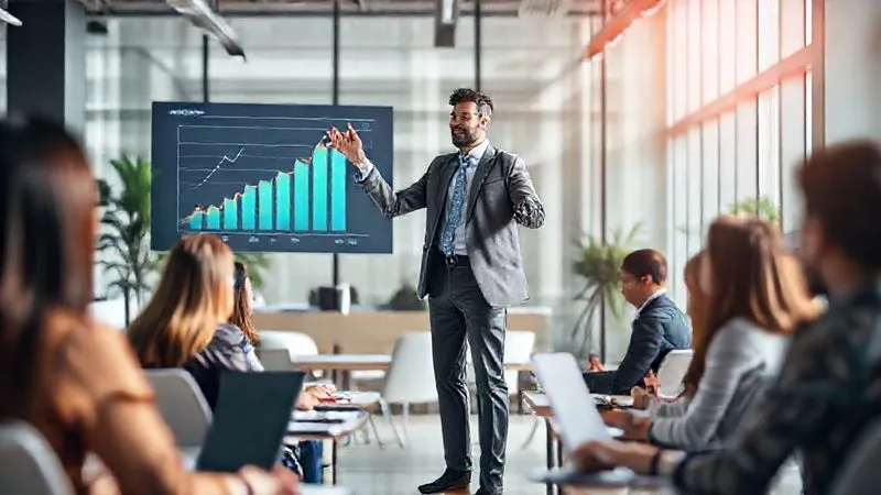 A photorealistic image of a visionary leader standing confidently at the head of a modern, open-plan office, gesturing towards a digital display showing a growth chart. The leader is diverse, professional, and radiating positive energy, inspiring a diverse team of employees who are actively engaged in collaborative work. Cinematic lighting, sharp focus on the leader's inspiring presence, depth of field blurring the background, 8K hyper-detailed, shot on a high-end DSLR. Professional photography, conveying leadership and empowerment. A photorealistic image of a visionary leader standing confidently at the head of a modern, open-plan office, gesturing towards a digital display showing a growth chart. The leader is diverse, professional, and radiating positive energy, inspiring a diverse team of employees who are actively engaged in collaborative work. Cinematic lighting, sharp focus on the leader's inspiring presence, depth of field blurring the background, 8K hyper-detailed, shot on a high-end DSLR. Professional photography, conveying leadership and empowerment.