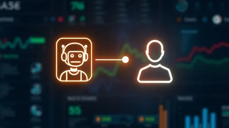 A photorealistic image of a digital interface showing a smooth transition icon, with a glowing line connecting a chatbot icon to a human agent icon. Data flows seamlessly along the line. The background is a blurred, modern customer service dashboard, 8K, cinematic lighting, sharp focus, depth of field, shot on a high-end DSLR. Emotion of efficiency and relief. A photorealistic image of a digital interface showing a smooth transition icon, with a glowing line connecting a chatbot icon to a human agent icon. Data flows seamlessly along the line. The background is a blurred, modern customer service dashboard, 8K, cinematic lighting, sharp focus, depth of field, shot on a high-end DSLR. Emotion of efficiency and relief.