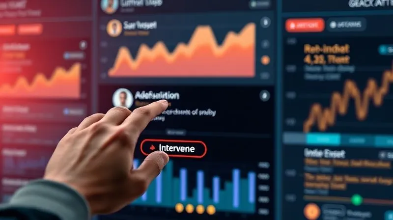 A photorealistic, professional photography, 8K, cinematic lighting, sharp focus, depth of field, shot on a high-end DSLR. A digital dashboard displaying real-time customer sentiment analysis, with a prominent red alert indicating 'high frustration' on one chat window. A human hand is hovering over a 'intervene' button, ready to take over the conversation. The background is a blurred, dynamic data visualization. A photorealistic, professional photography, 8K, cinematic lighting, sharp focus, depth of field, shot on a high-end DSLR. A digital dashboard displaying real-time customer sentiment analysis, with a prominent red alert indicating 'high frustration' on one chat window. A human hand is hovering over a 'intervene' button, ready to take over the conversation. The background is a blurred, dynamic data visualization.