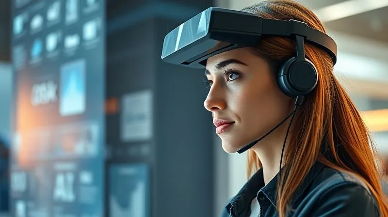 A photorealistic, professional photography, 8K, cinematic lighting, sharp focus, depth of field, shot on a high-end DSLR. A human customer service agent wearing a sleek headset, looking at a holographic interface displaying real-time data and suggested solutions, while interacting with a customer. The interface is seamlessly integrated into their view, showing AI assisting human decision-making. Emotion of calm control and advanced capability. A photorealistic, professional photography, 8K, cinematic lighting, sharp focus, depth of field, shot on a high-end DSLR. A human customer service agent wearing a sleek headset, looking at a holographic interface displaying real-time data and suggested solutions, while interacting with a customer. The interface is seamlessly integrated into their view, showing AI assisting human decision-making. Emotion of calm control and advanced capability.