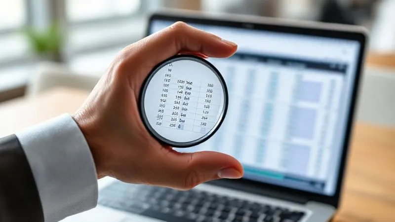 photorealistic, professional photography, 8K, cinematic lighting, sharp focus, depth of field, shot on a high-end DSLR. A close-up of a consultant's hand holding a magnifying glass over a complex, partially blurred spreadsheet on a laptop screen, highlighting a specific, clear cell. The background shows a modern office environment, slightly out of focus. photorealistic, professional photography, 8K, cinematic lighting, sharp focus, depth of field, shot on a high-end DSLR. A close-up of a consultant's hand holding a magnifying glass over a complex, partially blurred spreadsheet on a laptop screen, highlighting a specific, clear cell. The background shows a modern office environment, slightly out of focus.