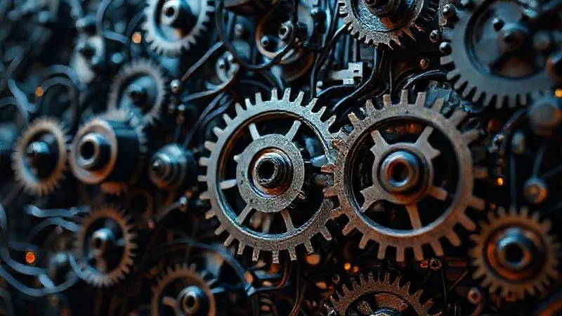 A photorealistic image of a complex, interconnected web of gears and circuits, with some cogs visibly misaligned or jammed, symbolizing systemic issues and challenges in corporate climate action. Cinematic lighting, sharp focus on the dysfunctional parts, depth of field blurring the background. 8K hyper-detailed, professional photography, shot on a high-end DSLR.