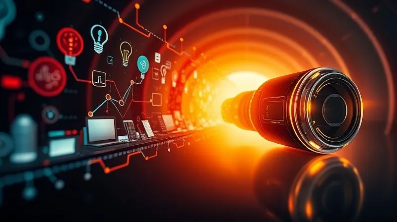 A photorealistic, professional photography, 8K, cinematic lighting, sharp focus, depth of field, shot on a high-end DSLR. A dynamic, vibrant innovation pipeline with ideas flowing from a brainstorming session on the left, through a development tunnel, and emerging as a polished, glowing product on the right. The background is a stark, static image of a competitor's identical, older product. Emotion: progress, excitement, future-focused.