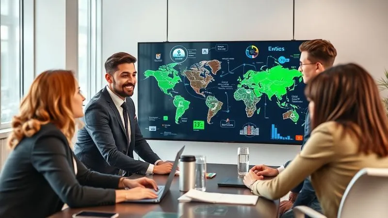 A photorealistic image of a diverse group of business professionals in a modern, brightly lit brainstorming room, using a large interactive screen to map out interconnected industries and emerging trends. Cinematic lighting, sharp focus on the collaborative interaction, depth of field blurring the background, 8K hyper-detailed, professional photography.