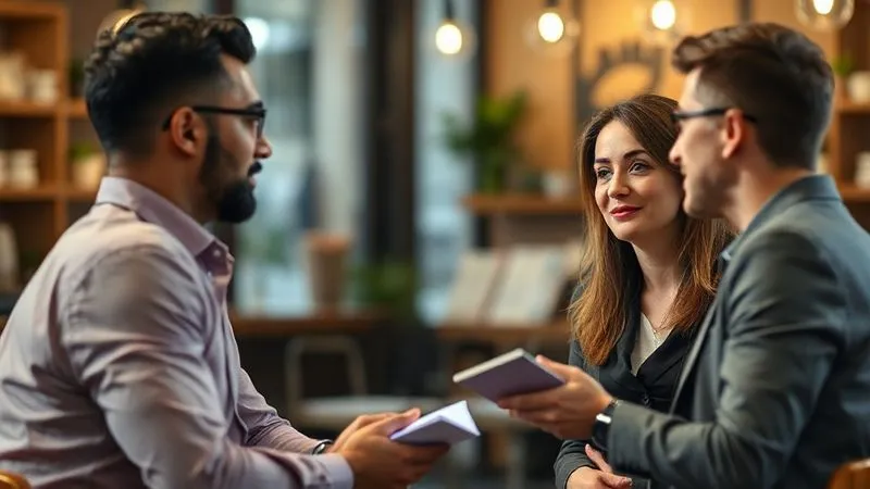 A photorealistic image of a business development professional actively listening to a customer, perhaps in a casual coffee shop setting or a workshop, with a notepad and engaged body language. Cinematic lighting, sharp focus on the interaction, depth of field blurring the background, 8K hyper-detailed, professional photography.