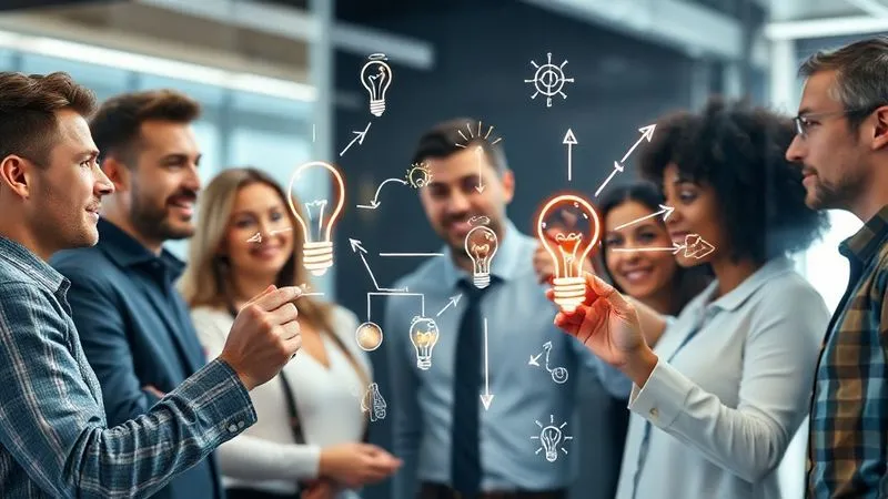 A photorealistic image of a diverse team of professionals collaboratively drawing on a transparent whiteboard, with lightbulb icons and arrows representing idea flow and innovation. Cinematic lighting, sharp focus on the whiteboard and the team's engagement, depth of field blurring the background, 8K hyper-detailed, professional photography.