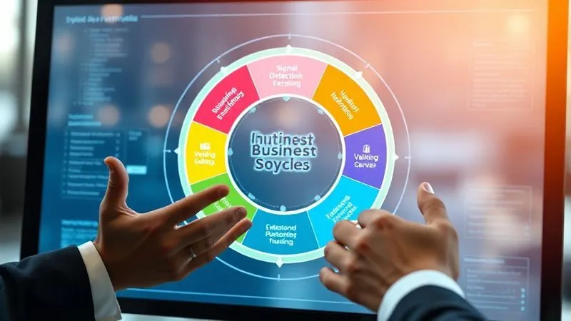 A photorealistic image of a circular infographic or flow chart on a digital screen, illustrating a continuous 5-phase business development cycle: Signal Detection, Ideation, Vetting, Validation, and Scale. The image should convey dynamism and interconnectedness, with professional business hands gesturing towards it. Cinematic lighting, sharp focus, depth of field blurring the background, 8K hyper-detailed, professional photography.