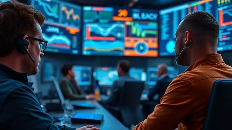 photorealistic, professional photography, 8K, cinematic lighting, sharp focus, depth of field, shot on a high-end DSLR, a diverse team of professionals in a modern control room, intensely focused on multiple large screens displaying complex data and alerts, one person on a headset communicating, conveying urgency and coordinated effort, blue and orange ambient lighting.