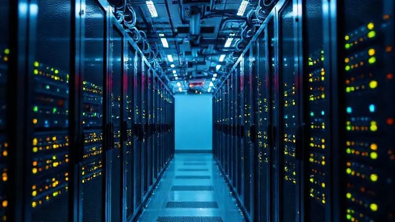 Photorealistic, professional photography of a robust, secure data center with rows of blinking servers and intricate cabling, emphasizing high availability and redundancy. The image should convey a sense of calm reliability and advanced technology. 8K, cinematic lighting, sharp focus on the server racks, depth of field. Shot on a high-end DSLR. Photorealistic, professional photography of a robust, secure data center with rows of blinking servers and intricate cabling, emphasizing high availability and redundancy. The image should convey a sense of calm reliability and advanced technology. 8K, cinematic lighting, sharp focus on the server racks, depth of field. Shot on a high-end DSLR.