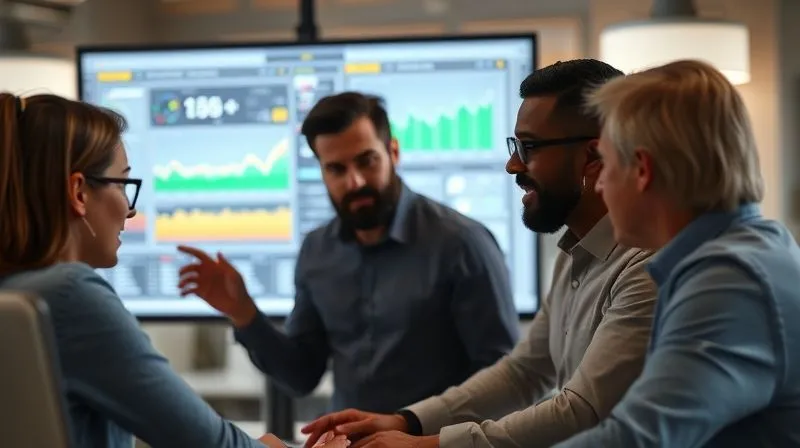 A photorealistic image of a crisis management team in a modern office, intensely collaborating around a large monitor displaying technical graphs and alerts, focused expressions, cinematic lighting, sharp focus on their faces, depth of field blurring the background, 8K hyper-detailed, professional photography.
