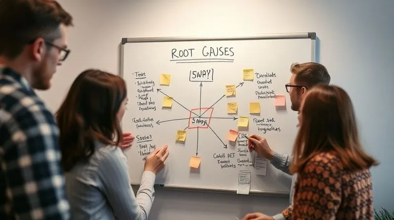 A photorealistic image of a team gathered around a large whiteboard, actively using sticky notes and markers to diagram a '5 Whys' root cause analysis, focused and collaborative expressions, cinematic lighting, sharp focus on the whiteboard, depth of field blurring the background, 8K hyper-detailed, professional photography.