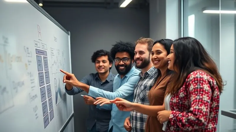 A photorealistic image of a diverse and collaborative team of software engineers and QA specialists, actively engaged in a whiteboard session, smiling and pointing at diagrams, fostering a positive and inclusive work environment, cinematic lighting, sharp focus on the team, depth of field blurring the background, 8K hyper-detailed, professional photography.
