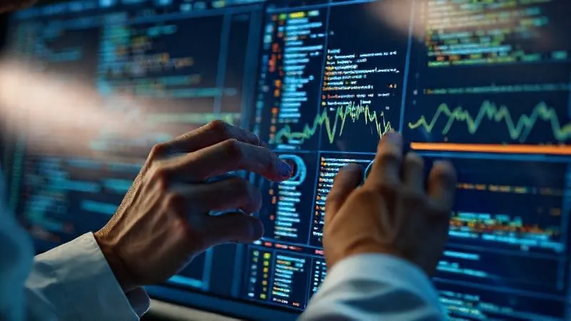 A photorealistic, professional photography of a data scientist meticulously adjusting parameters on a complex graphical interface, with flowing lines of code and visualizations in the background, representing hyperparameter tuning. 8K, cinematic lighting, sharp focus on the data scientist's hands and the interface, depth of field blurring the background, shot on a high-end DSLR.