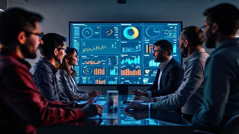 A photorealistic, professional photography of a diverse team of data scientists, business analysts, and marketing specialists collaborating around a large interactive screen displaying churn analytics dashboards, fostering discussion and problem-solving. 8K, cinematic lighting, sharp focus on the team's interaction, depth of field blurring the background, shot on a high-end DSLR.