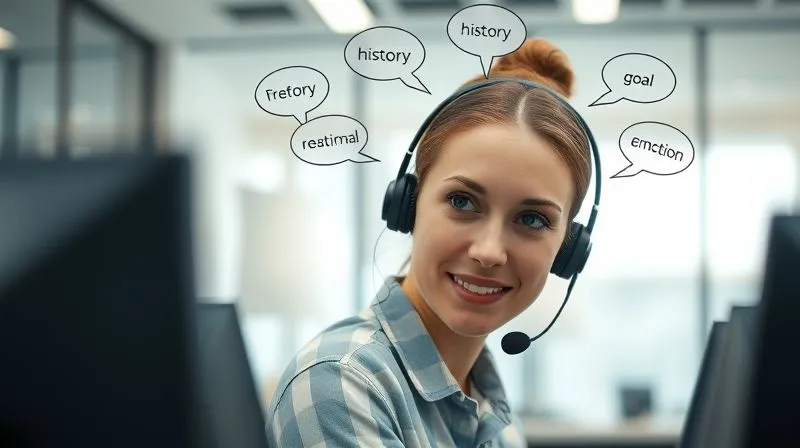 photorealistic, professional photography, 8K, cinematic lighting, sharp focus, depth of field, shot on a high-end DSLR. A customer service agent with a headset, leaning slightly forward, a look of genuine empathy and active listening on their face. Subtle thought bubbles appear around their head, containing keywords like 'preference,' 'history,' 'goal,' 'emotion,' representing qualitative data being collected. The background is a modern, clean call center environment, slightly blurred to keep focus on the agent.