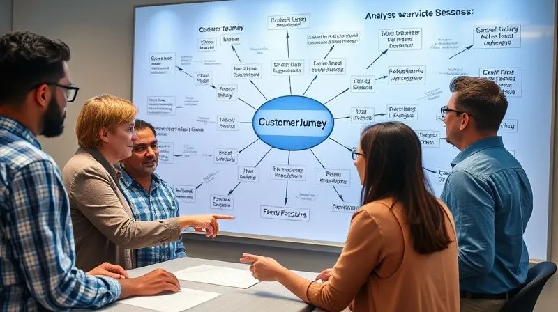 photorealistic, professional photography, 8K, cinematic lighting, sharp focus, depth of field, shot on a high-end DSLR. A diverse team of customer service professionals and data analysts collaborating around a large interactive whiteboard. The whiteboard displays interconnected concepts like 'customer journey,' 'feedback loops,' 'data points,' and 'proto-personas,' with arrows showing relationships. The team members are engaged in discussion, pointing at the board, reflecting a collaborative, data-driven culture.