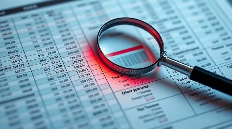 A photorealistic image of a complex financial ledger, with some lines highlighted in red indicating overspending, while a magnifying glass hovers over a specific entry, suggesting deep analysis. Cinematic lighting, sharp focus, depth of field. 8K hyper-detailed, shot on a high-end DSLR.