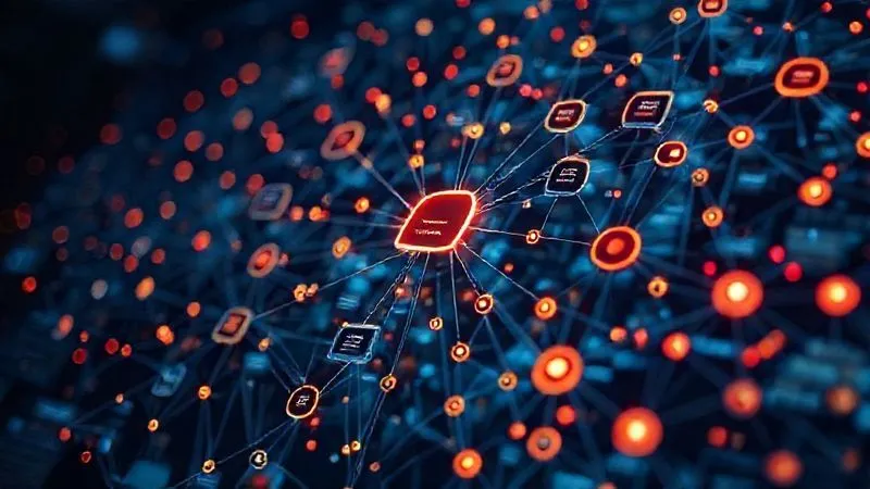 A photorealistic intricate network diagram showing interconnected business units and their dependencies, with glowing nodes highlighting critical assets and red nodes indicating vulnerabilities. Professional photography, 8K, cinematic lighting, sharp focus, depth of field, shot on a high-end DSLR.