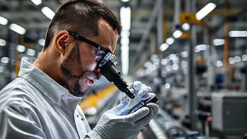 A photorealistic image of a quality control inspector in a clean factory setting, wearing gloves, meticulously examining an electronic gadget with a magnifying glass. The background shows neatly organized production lines, cinematic lighting, sharp focus on the inspection, depth of field, 8K hyper-detailed, professional photography.