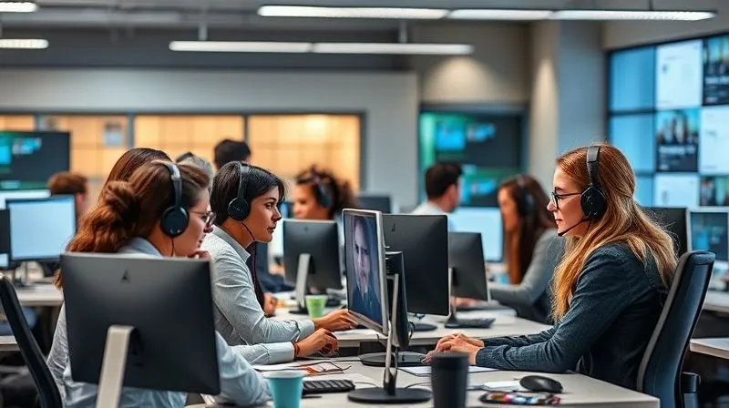 A diverse group of customer support agents collaboratively working in a modern, brightly lit contact center, multiple screens showing chat interfaces and customer data, with a focus on empathy and efficiency, photorealistic, professional photography, 8K, cinematic lighting, sharp focus, depth of field, shot on a high-end DSLR.