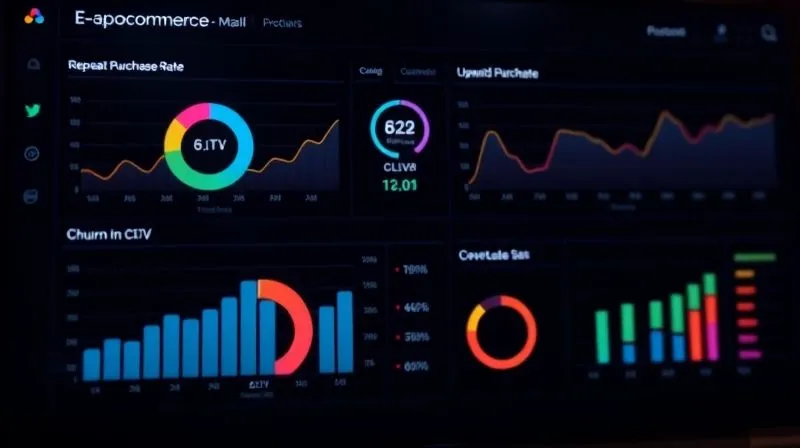 A stylized, clean dashboard displaying various e-commerce metrics like repeat purchase rate, churn rate, and CLTV, with clear upward trends and positive indicators, data visualization, photorealistic, professional photography, 8K, cinematic lighting, sharp focus, depth of field, shot on a high-end DSLR.