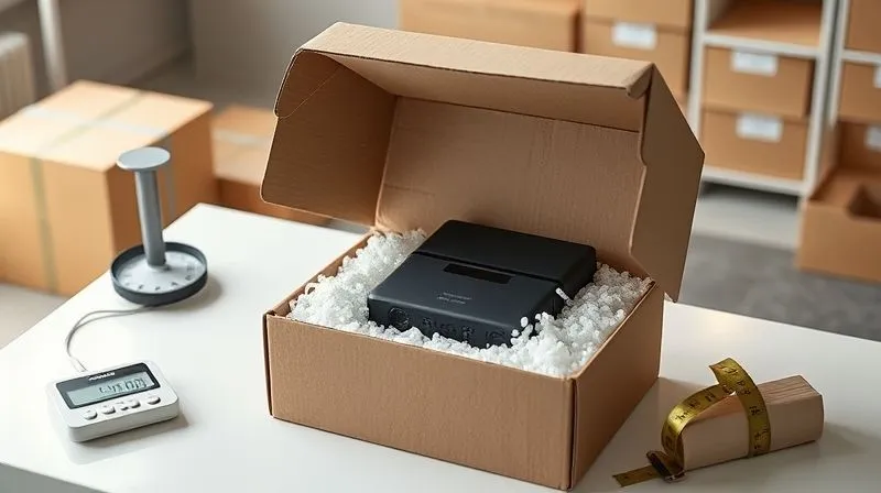 A photorealistic, professional photography, 8K, cinematic lighting, sharp focus, depth of field, shot on a high-end DSLR, showing a perfectly optimized shipping box with a product snugly fitted inside, no wasted space, surrounded by minimal, eco-friendly void fill. The box is on a clean, modern packing station with a digital scale and measuring tape nearby, emphasizing efficiency and precision. A photorealistic, professional photography, 8K, cinematic lighting, sharp focus, depth of field, shot on a high-end DSLR, showing a perfectly optimized shipping box with a product snugly fitted inside, no wasted space, surrounded by minimal, eco-friendly void fill. The box is on a clean, modern packing station with a digital scale and measuring tape nearby, emphasizing efficiency and precision.