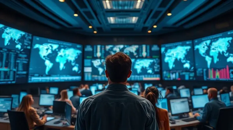 A frantic control room scene with multiple large screens displaying global maps and data, but with a central figure calmly directing and coordinating a diverse team of professionals. The lighting is dramatic and cinematic, highlighting focused faces amidst the urgent environment. Photorealistic, professional photography, 8K, sharp focus on the central figure, depth of field blurring the background, shot on a high-end DSLR, conveying controlled urgency. A frantic control room scene with multiple large screens displaying global maps and data, but with a central figure calmly directing and coordinating a diverse team of professionals. The lighting is dramatic and cinematic, highlighting focused faces amidst the urgent environment. Photorealistic, professional photography, 8K, sharp focus on the central figure, depth of field blurring the background, shot on a high-end DSLR, conveying controlled urgency.