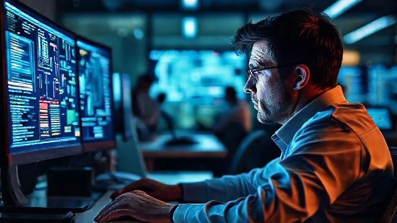 Photorealistic image of a lone employee sitting at a desk, looking stressed and overwhelmed by a glowing, complex software interface on a monitor, while colleagues in the background appear to be adapting. Cinematic lighting creates a stark contrast between the struggling individual and the adapting group. 8K, sharp focus on the employee's face, depth of field blurring the background, shot on a high-end DSLR. Photorealistic image of a lone employee sitting at a desk, looking stressed and overwhelmed by a glowing, complex software interface on a monitor, while colleagues in the background appear to be adapting. Cinematic lighting creates a stark contrast between the struggling individual and the adapting group. 8K, sharp focus on the employee's face, depth of field blurring the background, shot on a high-end DSLR.