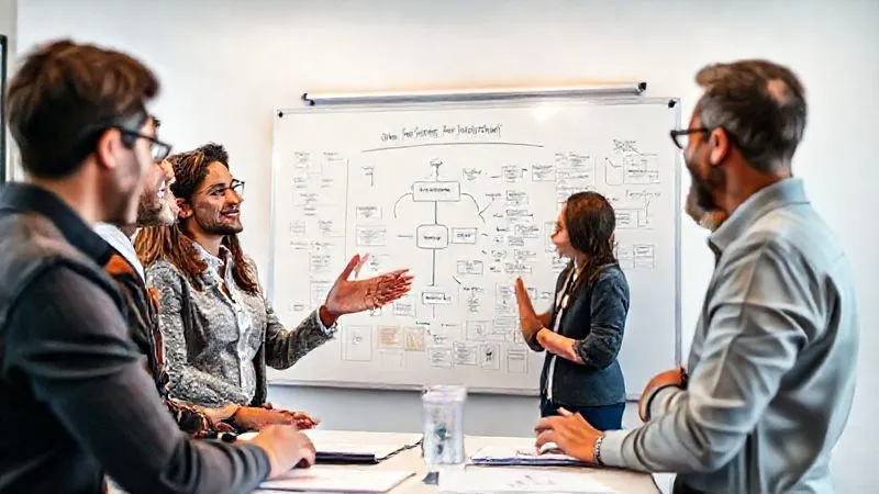 Photorealistic image of a diverse team of professionals engaged in a lively discussion around a whiteboard covered with ideas and flowcharts, demonstrating clear and open communication. One person is gesturing towards a diagram representing a new software's benefits. Cinematic lighting, sharp focus on the collaborative interaction, depth of field blurring the background, 8K, shot on a high-end DSLR. Photorealistic image of a diverse team of professionals engaged in a lively discussion around a whiteboard covered with ideas and flowcharts, demonstrating clear and open communication. One person is gesturing towards a diagram representing a new software's benefits. Cinematic lighting, sharp focus on the collaborative interaction, depth of field blurring the background, 8K, shot on a high-end DSLR.