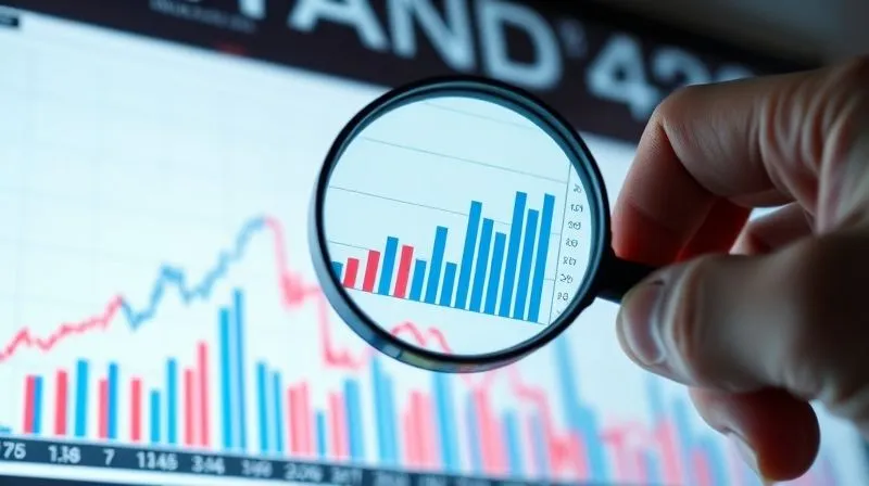 A photorealistic image of a magnifying glass hovering over a complex bar chart showing a downward trend, with a hand pointing to a specific data point, symbolizing detailed analysis and concern. Professional photography, 8K, cinematic lighting, sharp focus, depth of field, shot on a high-end DSLR.