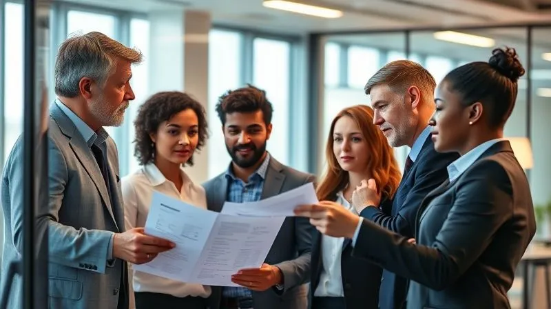Photorealistic image of a diverse team of professionals meticulously reviewing documents and data on a large screen in a modern office, with focused expressions and cinematic lighting, sharp focus on the team, depth of field blurring the background. Professional photography, 8K, shot on a high-end DSLR.