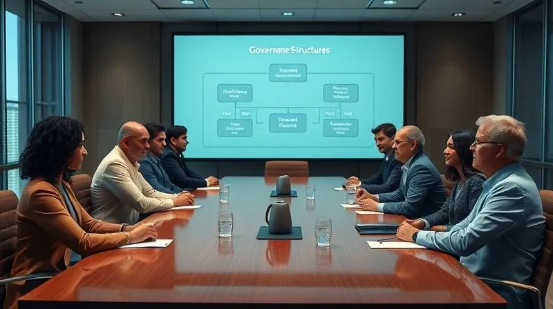 Photorealistic image of a diverse group of executives in a modern boardroom, engaged in serious discussion around a large table, with a clear visual representation of governance structures or ethical frameworks projected on a screen behind them. Professional photography, 8K, cinematic lighting, sharp focus on the group, depth of field blurring the background.