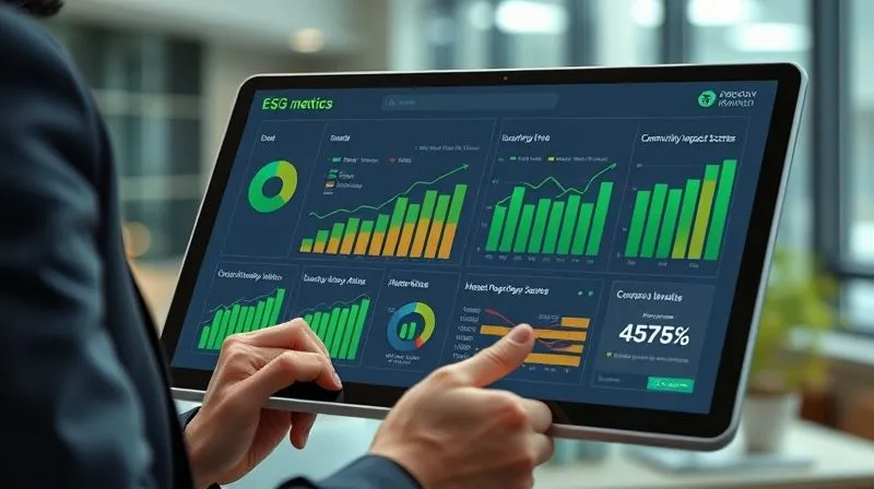 Photorealistic image of a sleek digital dashboard displaying various ESG metrics (e.g., carbon footprint, diversity ratios, community impact scores) with green upward trending arrows, being reviewed by a focused professional on a tablet. Cinematic lighting, sharp focus on the screen, depth of field blurring the office background. Professional photography, 8K, shot on a high-end DSLR.